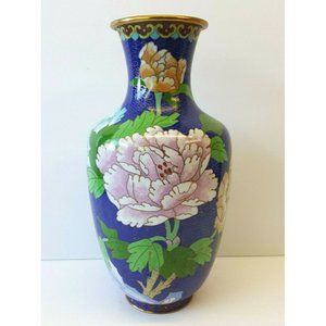 Vintage Chinese Cloisonne 9-3/4"h Vase Peony Flowers dark blue ground c1949-1976